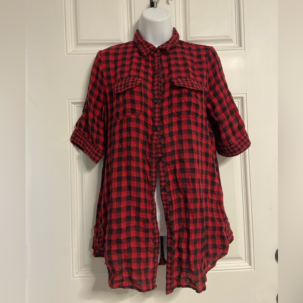 T27- SUGAR TART Red Buffalo Plaid Button Up Soft Flannel Shirt